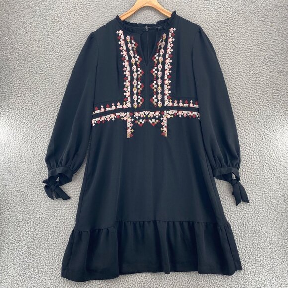 Ann Taylor Dress Womens 14 Black Embroidered Shift Long Balloon Sleeve Ruffle - Picture 1 of 10